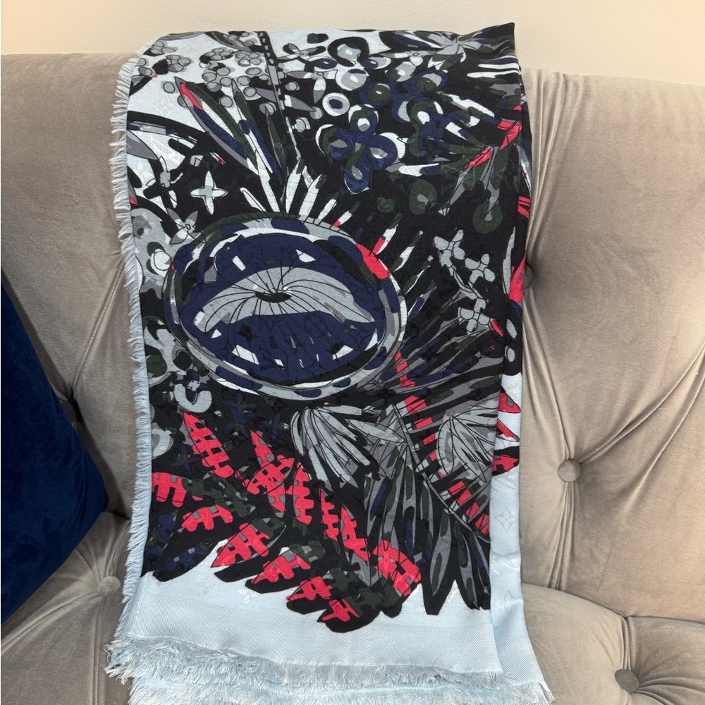 Louis Vuitton Abstract Patterned Shawl in Black, Blue, Dark Pink, and Gray
